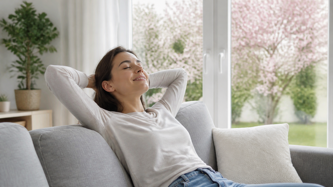 Woman relaxing indoors with spring blossoms outside the window