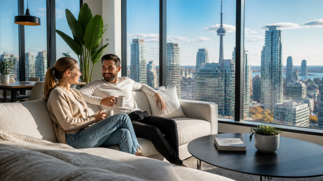 Couple in a high-rise condo overlooking a city skyline