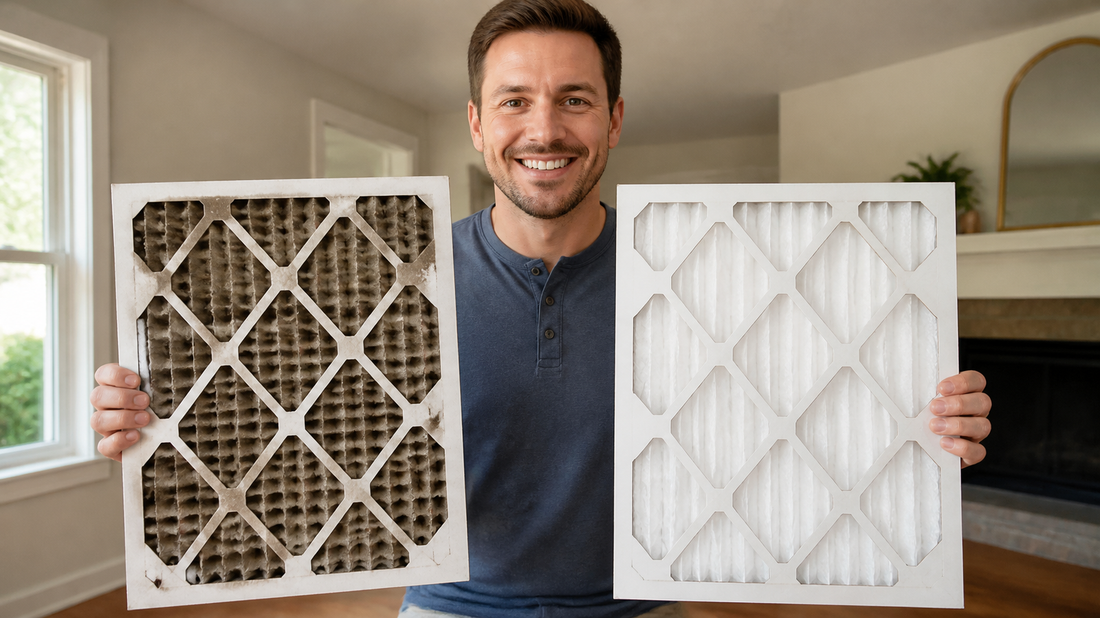 Dirty furnace filter next to a new clean pleated filter