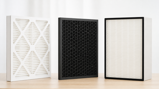 Pleated, activated carbon and HEPA air filters side by side