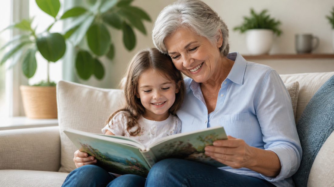 Grandmother reading with her granddaughter in a bright living room