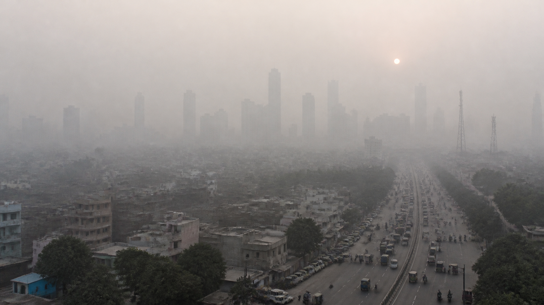 City skyline covered in thick winter smog