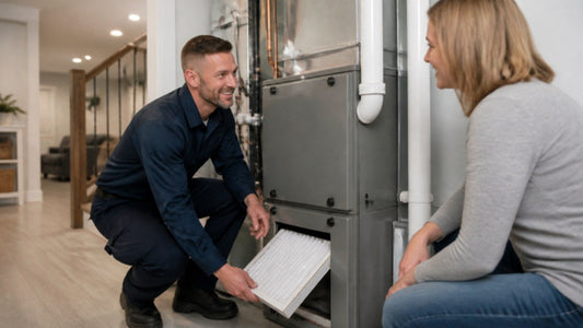 HVAC technician installing a pleated furnace filter while a homeowner watches