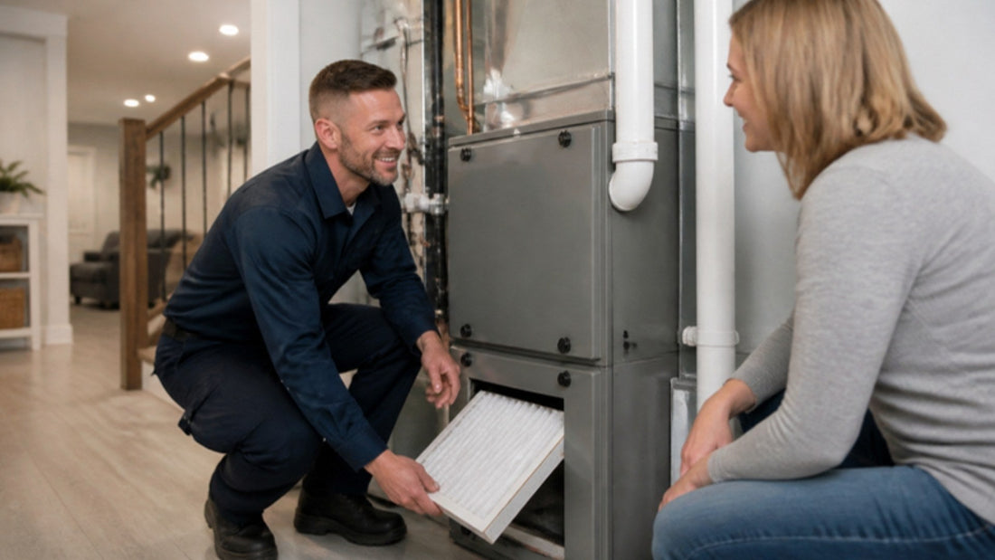 HVAC technician installing a new pleated furnace filter while a homeowner watches